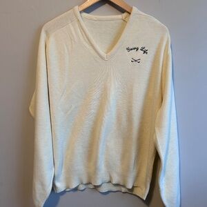 Young Life Sweater L Cream USA V-Neck Golf Embroidered Old Money Preppy VTG 90s